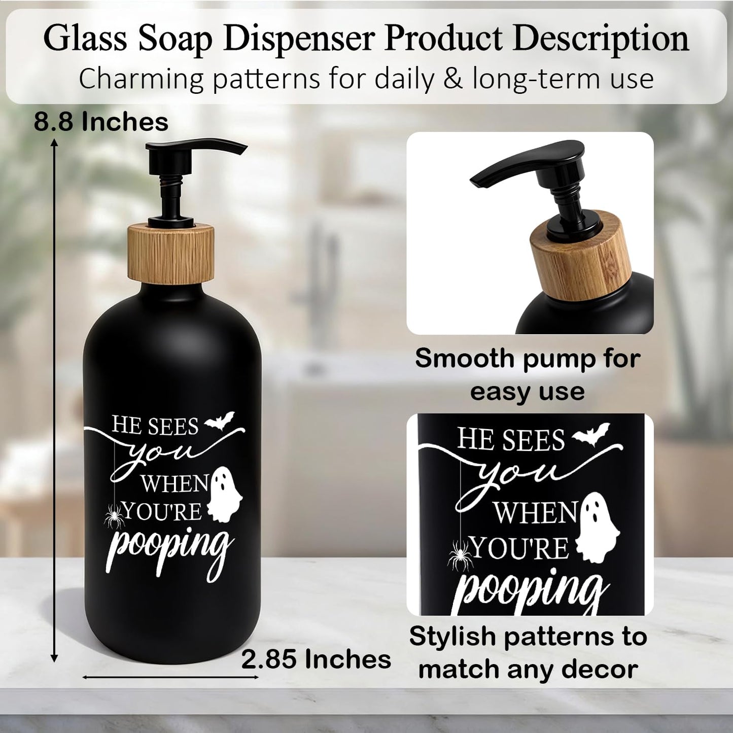 OuOvOwO Funny Halloween Bathroom Black Glass Soap Dispenser