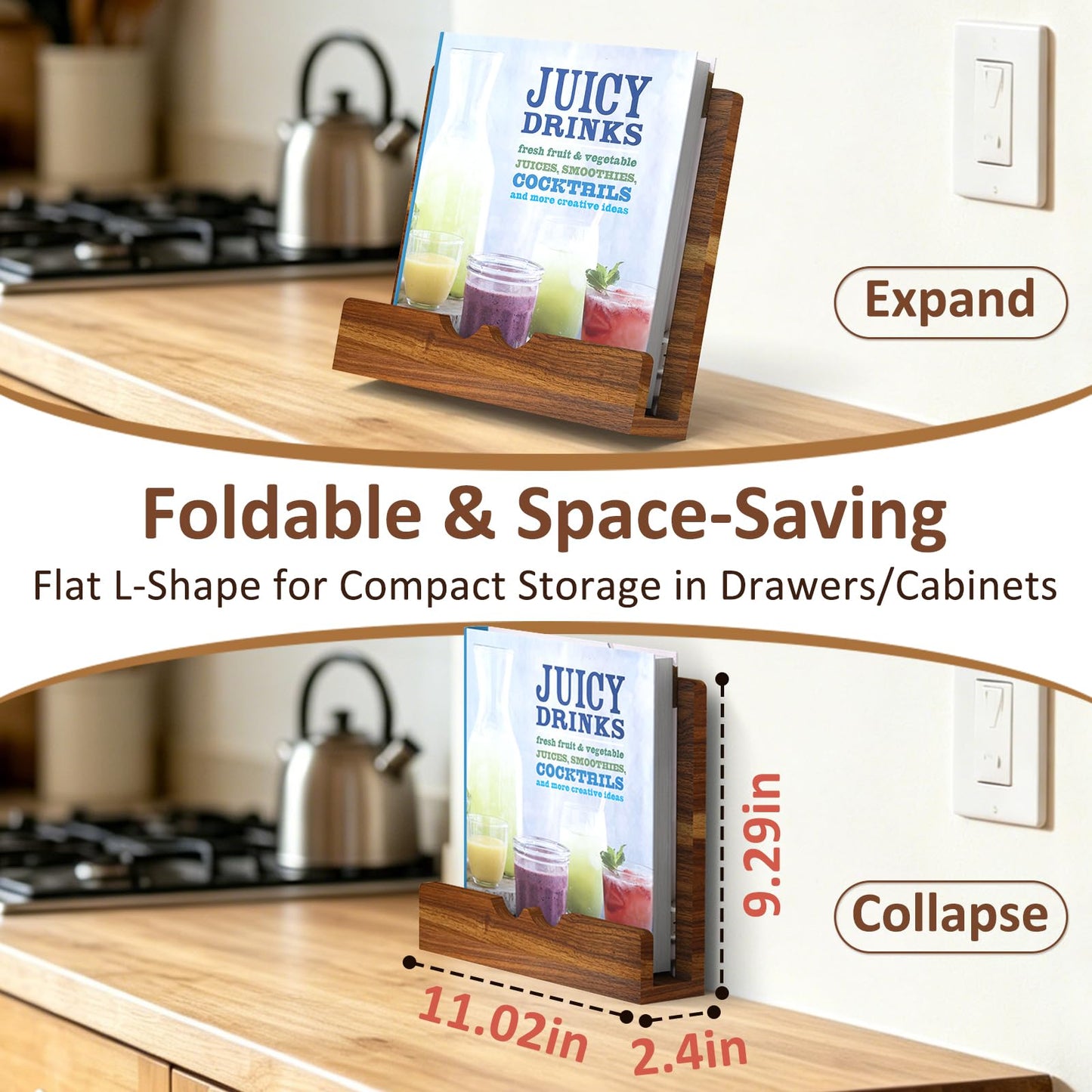 LWSFF Acacia Wood Cookbook Stand for Kitchen Counter | Adjustable Recipe Book Holder for Thick Cookbooks, Recipe Binders & Tablets, Solid Wood Kitchen Decor Gift for Home Cooks