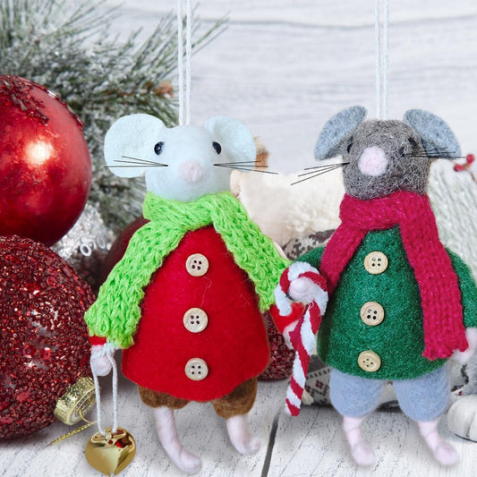 New Christmas Wool Felt Mouse Ornament, 6.5 inch Cute Needle Felted Rat-2 Pieces Felt Mice Figurine for Halloween Christmas Decor,Needle Felted Christmas Mouse Doll Decorations
