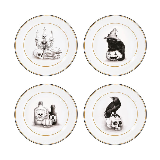 Bico Golden Vintage Halloween Black and White Ceramic 8.75 inch Salad Plates, Set of 4, Microwave Safe & Handwash Suggested, for Salad, Decoration