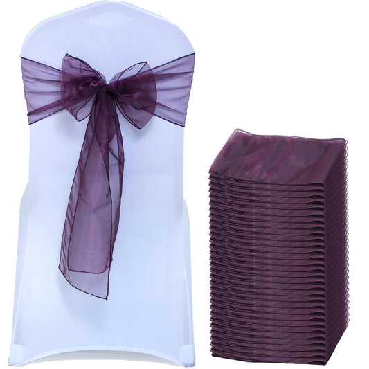 MDS® Pack of 25 Organza Chair Sashes for Wedding Decoration, Reusable Sheer Chair Bows for Banquet Chair Cover, Reception, Bridal Shower, Baby Shower, Birthday Party & Special Events - Plum