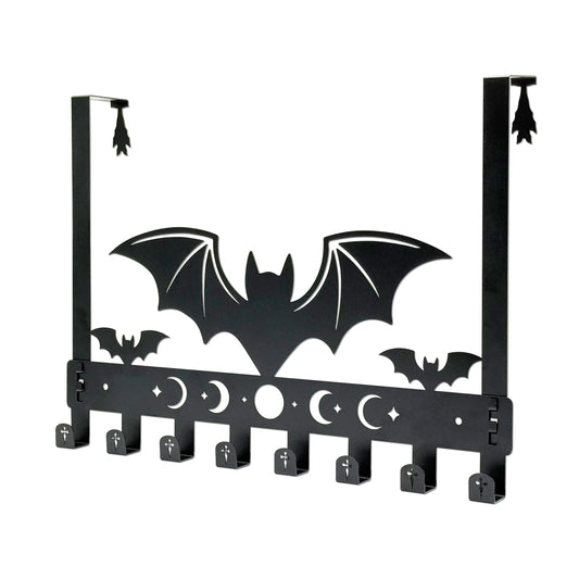 Gothic Bat Over The Door Hooks - 8-Hook Set with Moon Phase & Cross Design for Halloween Spooky Bathroom Decor | Metal Towel Hanger for Goth Home Accessories | Halloween Gothic Wall Organizer