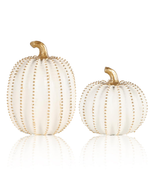 GoGnome Set of 2 White & Gold Decorative Pumpkins – Resin Fall Harvest Table Centerpiece, Elegant Autumn Décor for Thanksgiving Decoration Farmhouse Home (White)