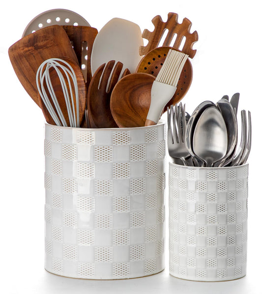 Nucookery Utensil Holder for Kitchen Counter, White Large Stable Ceramic Cooking Utensil Crock for Countertop Organizer, Farmhouse Decor, Set of 2, 7.1"&5.4", Christmas Thanksgiving Gift, Checkered