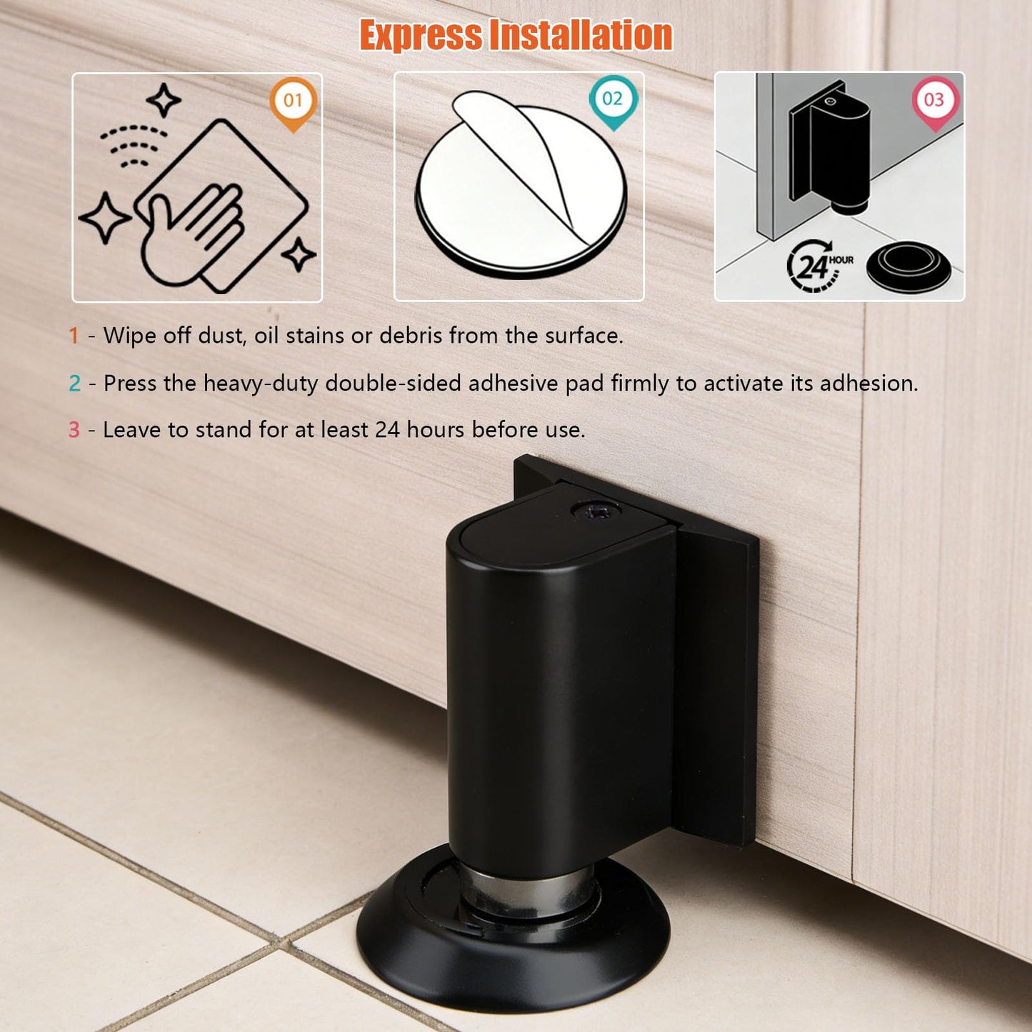 Magnetic Door Stoppers Door Catch, Heavy Duty Door Stop Floor Mounting Metal Doorstop, Door Holder Stops No Drill Adhesive and Screws Strong Magnet Keep Door Open (Black)