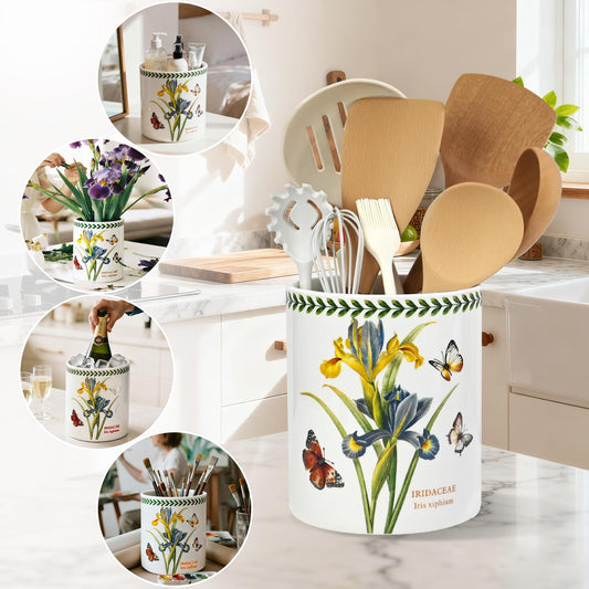 ACMLIFE Extra Large Cooking Utensil Holder, 7.3" Kitchen Utensil Holder for Countertop, Utensil Crock for Farmhouse Kitchen Decor, Ceramic Stable Utensil Caddy, Floral (Iris)