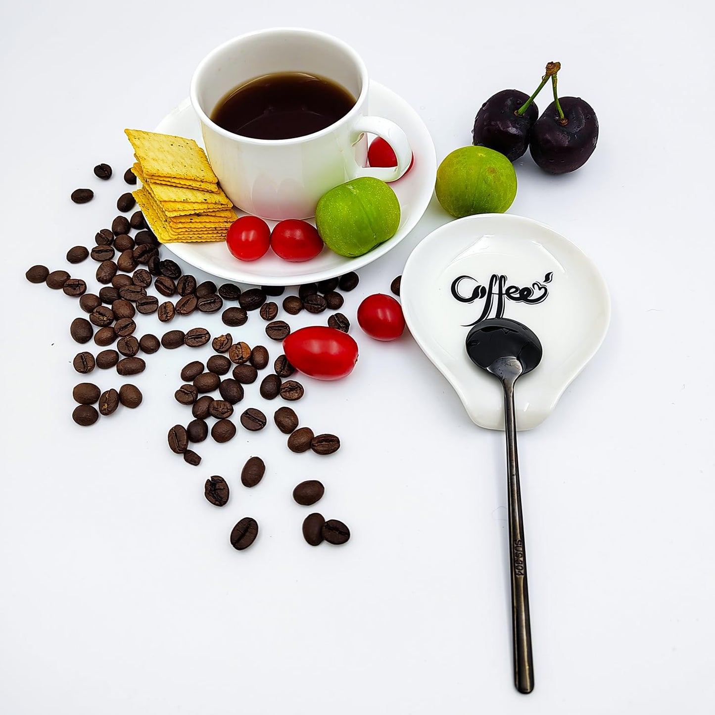 Coffee Spoon Rest, Small Ceramic Coffee Spoon Holder, Porcelain Spoon Holder, Ceramic Spoon Rest for Tablespoon,Teaspoon,Bar Spoon,Coffee Bar Accessories (Spoon Rest+Black Spoon)