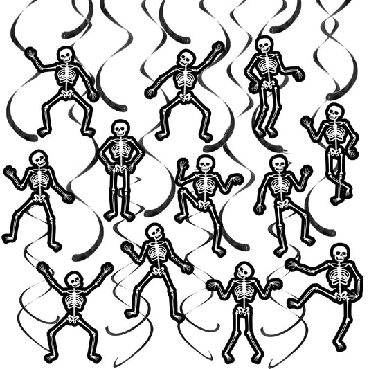 Halloween Skeleton Hanging Swirls Black Horror Theme Party Ceiling Decorations Skull Bone Hanging Cutout Streamers 20 Pack Halloween Birthday Party Supplies for Home Haunted House Decor