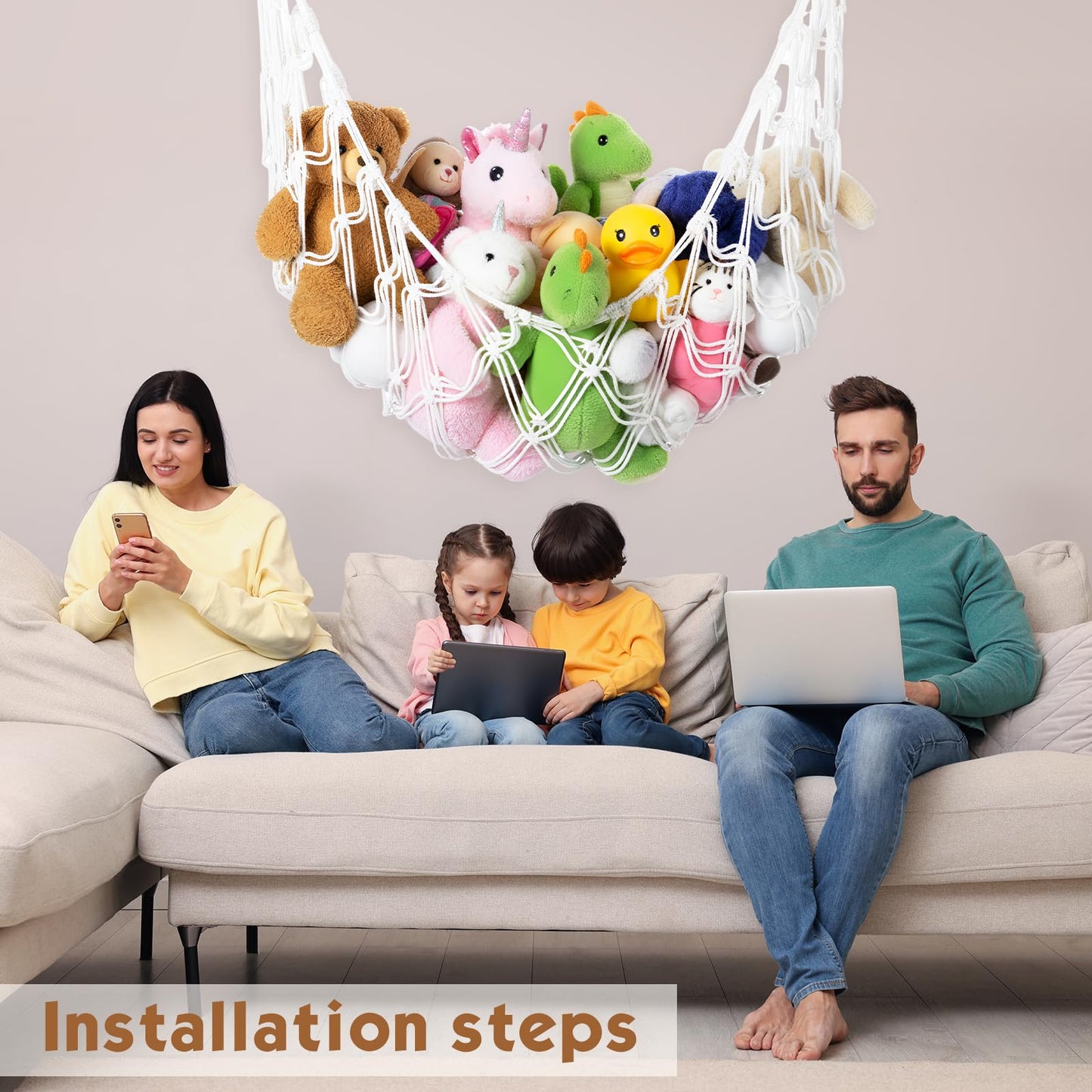 Photect Large Wall Mounted Blanket Organizer Wall Hanging Blanket Holder Plush Net Corner Stuffed Animal Holde Storage Hanging Toy Hammock Organizer for Living Bedroom Huge Capacity