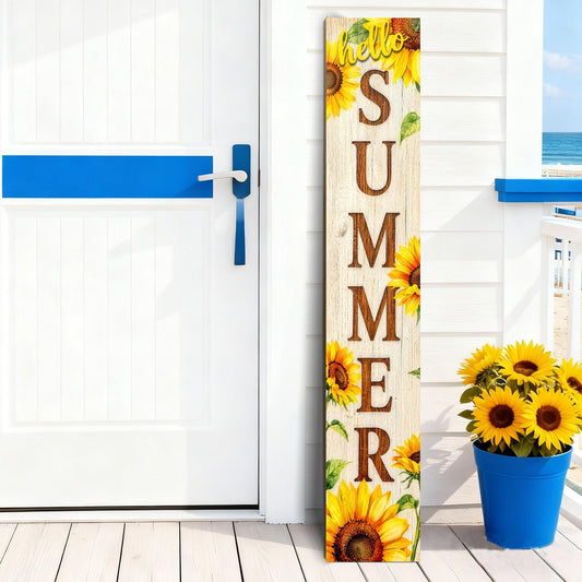 Hello Summer wooden porch sign Vertical hanging decorations Welcome sign front door standing Decorative sign 47x7.8Inch Sunflower pattern Suitable for Outside Decor