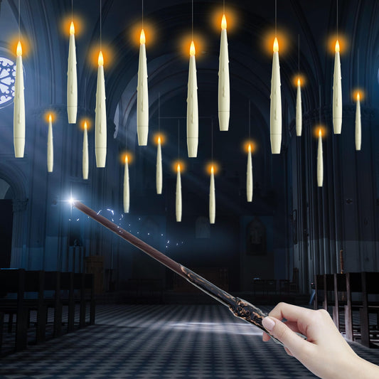 AFINETH Flameless Floating Candles with Wand, Magic Hanging LED Candles, Ivory Battery Operated Electric Taper Candles for Halloween, Christmas, Birthday Parties, 12 PCS