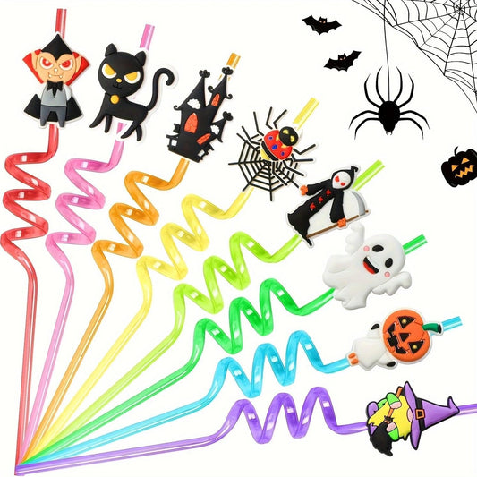 AFZMON 24 PCS Halloween Drinking Straws Reusable Pumpkin Skull Ghost Vampire Witch Plastic Beverages Cocktail Straw with Cartoon Decoration for Kids Halloween Party Supplies for Birthday Party Favors