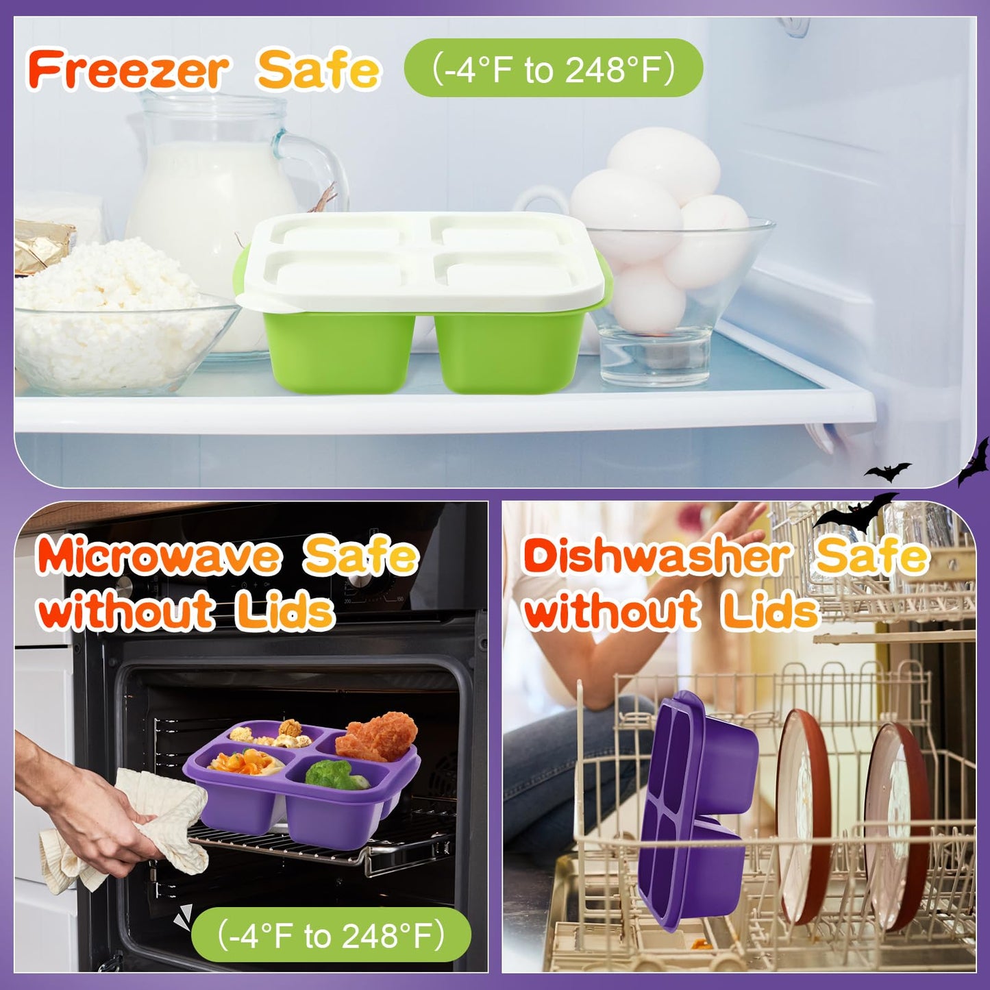 Honeydak 5 Pack Snack Containers 4 Compartment Bento Snack Boxes Reusable Lunchable Containers with Lids Divided Meal Prep Lunch Food Storage Box for School Work Travel(Halloween,Equal)