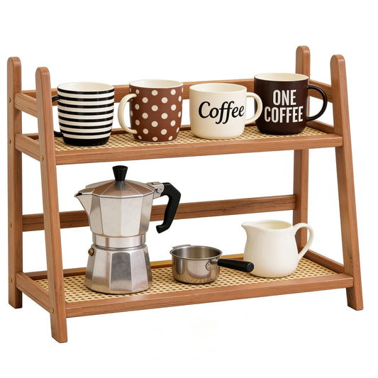 FYRLFB Household 2-Tier Cup Shelf Organizer, Kitchen Counter Shelf for Tea Coffee Bar Accessories, Bamboo Mug Holder Countertop, Matcha Stand, Cup Display, Condiment Storage Rack - Brown