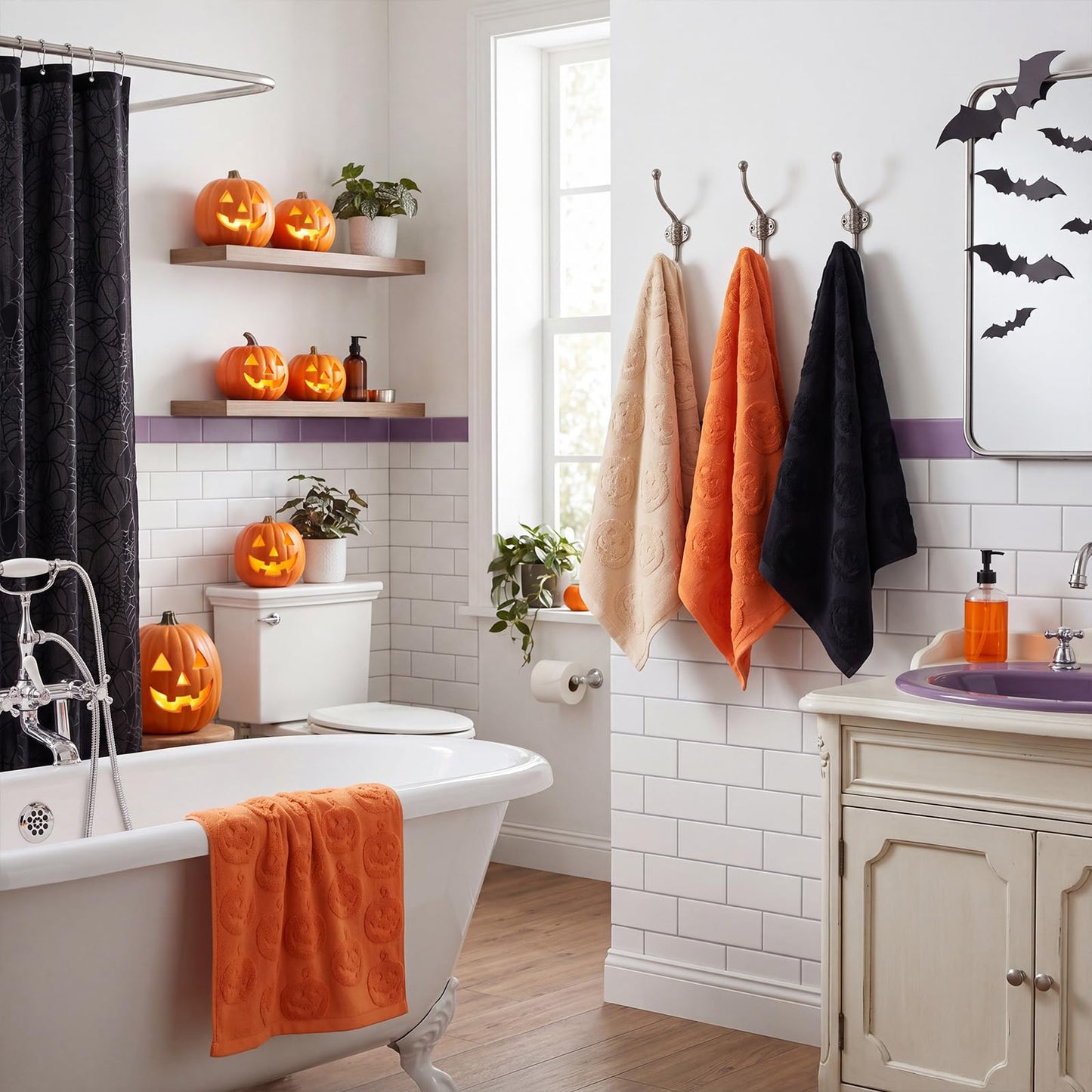 Remagr 3 Pcs Halloween Hand Towels Set for Bathroom Spooky Pumpkin Decor 100% Cotton Jacquard Bath Towels 29.5 x 13.8 Inch Orange Black White Soft Kitchen Towel Gift for Home Bathroom Fall Decor