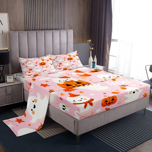 Feelyou Pink Halloween Fitted Sheet Cartoon Pumpkin Lantern Ghost Full Size Bedding Set Decoration for Kids Boys Girls Pink Sheets Set Happy Halloween Bed Sheet Set Collection