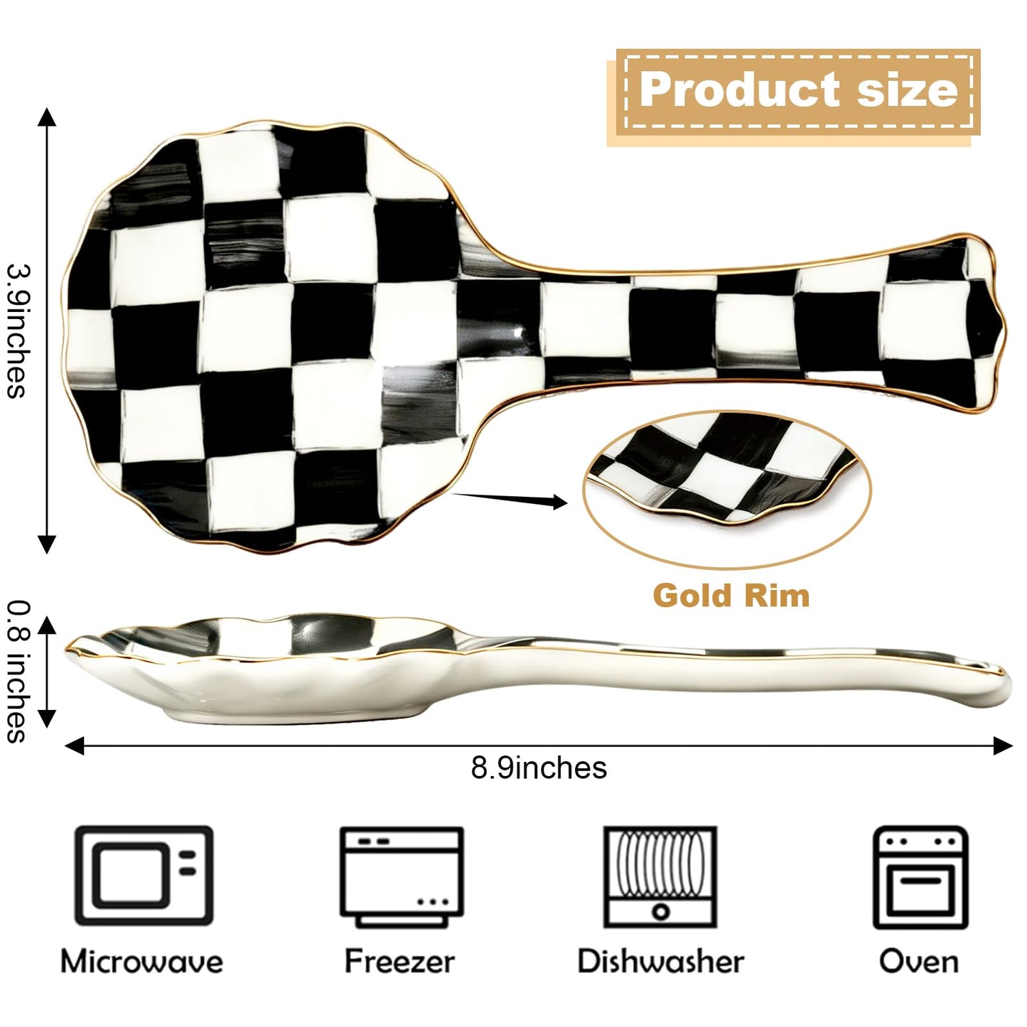 FYSUIMU 8.9 Inch Checkerboard Ceramic Spoon Rest Retro Checkered Scalloped Cooking Spoon Holder with Gold Rim for Stove Top Kitchen Countertop Decor
