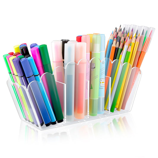 Novacrylion Scalloped Acrylic Pencil Holder with 4 Compartments - Clear Desk Organizer for Pens, Makeup Brushes, Remotes - Modern Office & Vanity Accessory（4-Comp）