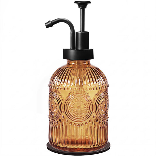 Amolliar 12 Oz Vintage Glass Bathroom Soap Dispensers with Pump, Refillable Kitchen Dish Soap Dispenser with Stripe, Antique Rustic Hand Soap Liquid Bottle (Brown-Black Pump)