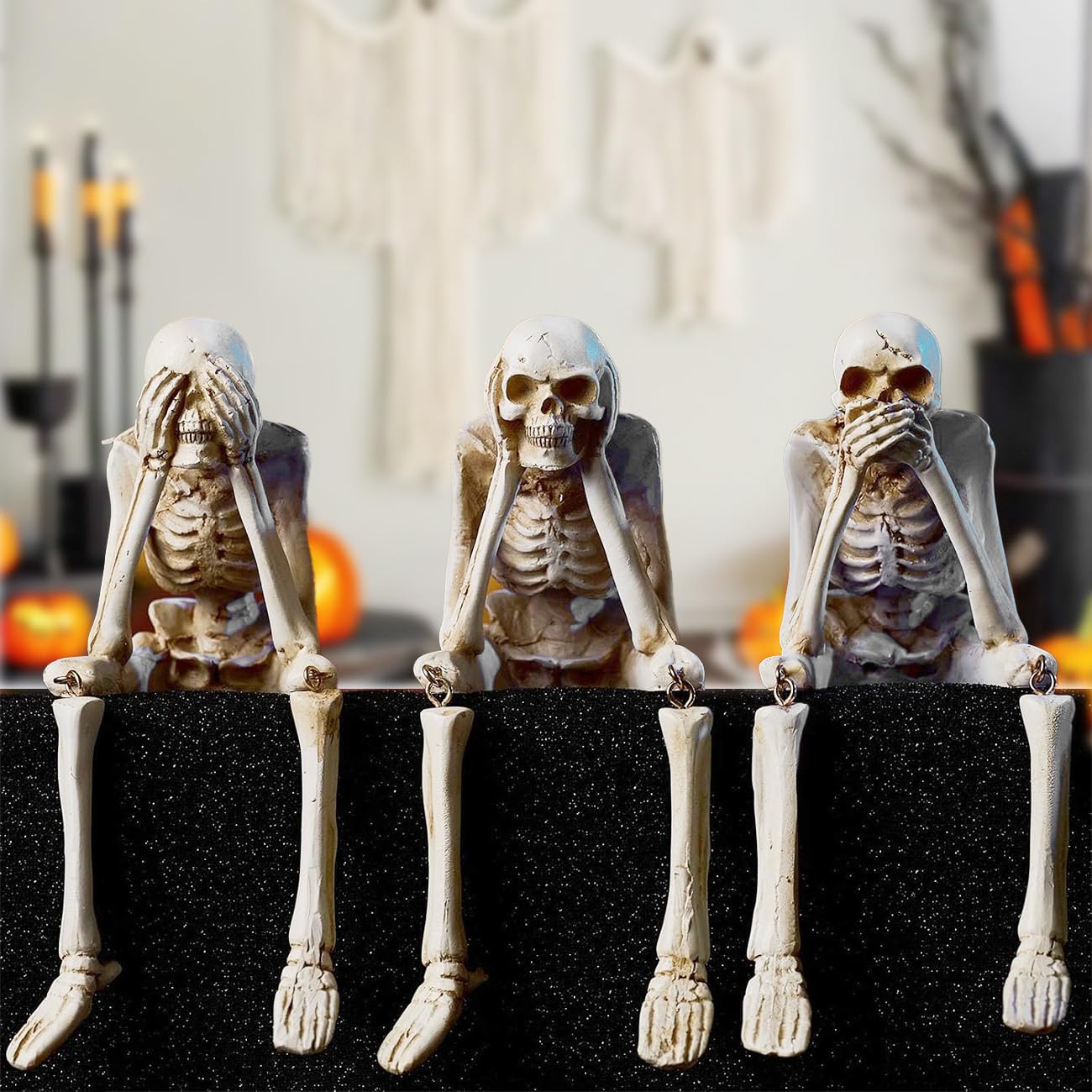 KcBlueJp Halloween Decorations Indoor Skeleton Statues See Speak Hear No Evil Figurines for Mantel Table - Realistic Resin Skull Spooky Gothic Home Decor Set of 3