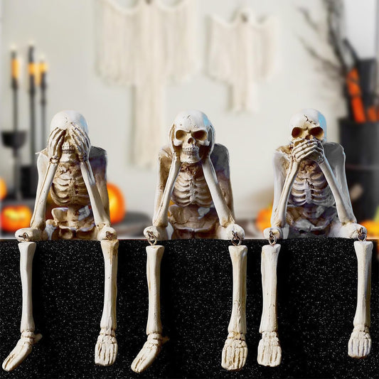 KcBlueJp Halloween Decorations Indoor Skeleton Statues See Speak Hear No Evil Figurines for Mantel Table - Realistic Resin Skull Spooky Gothic Home Decor Set of 3