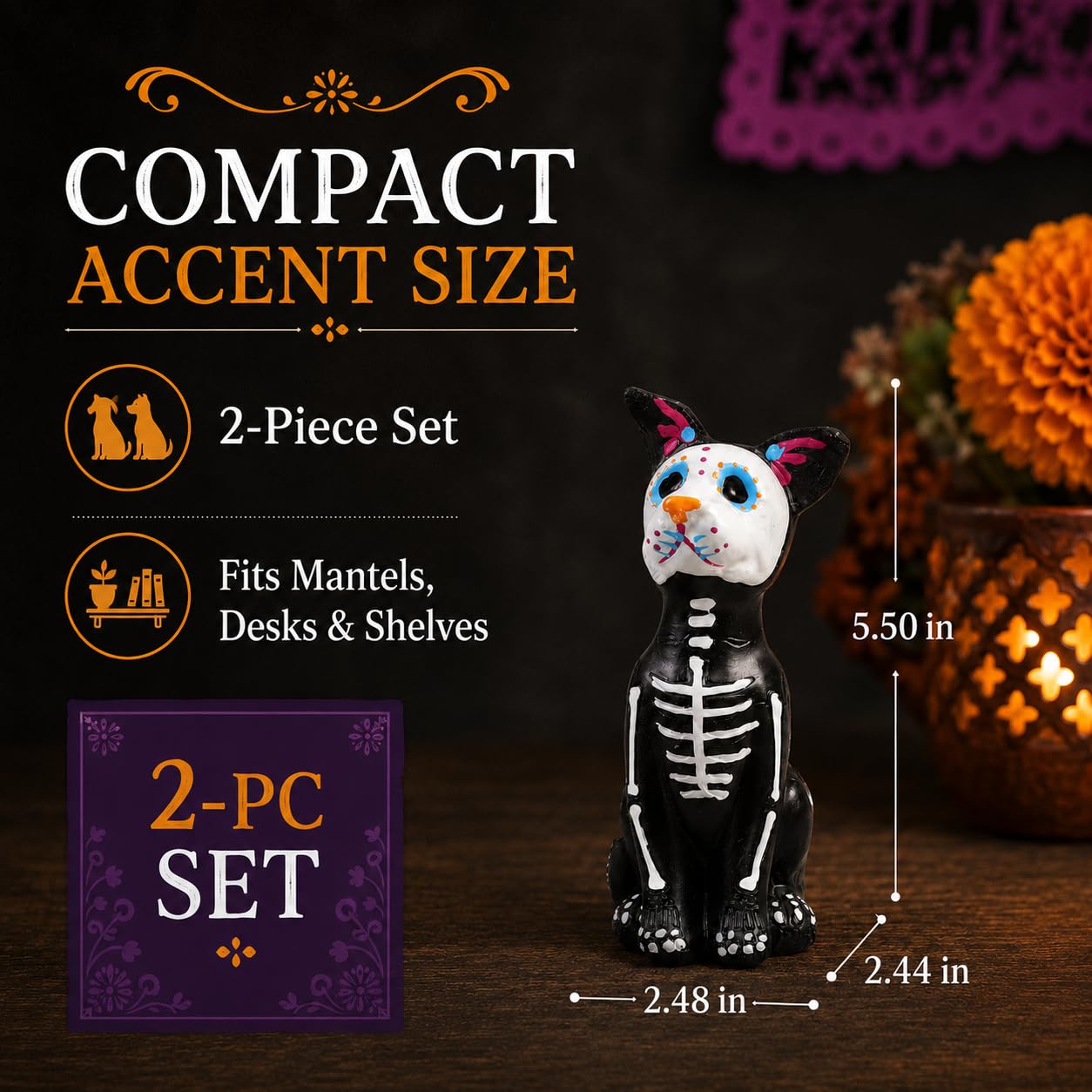 Garneck 2pcs Day of the Dead Dog Figurine: Resin Skeleton Dog Statue - Sugars Skull Animal Dead Theme Sculpture for Dia De Los Muertos & Altar Ofrenda Home Desk Decor Pet Memorial Present