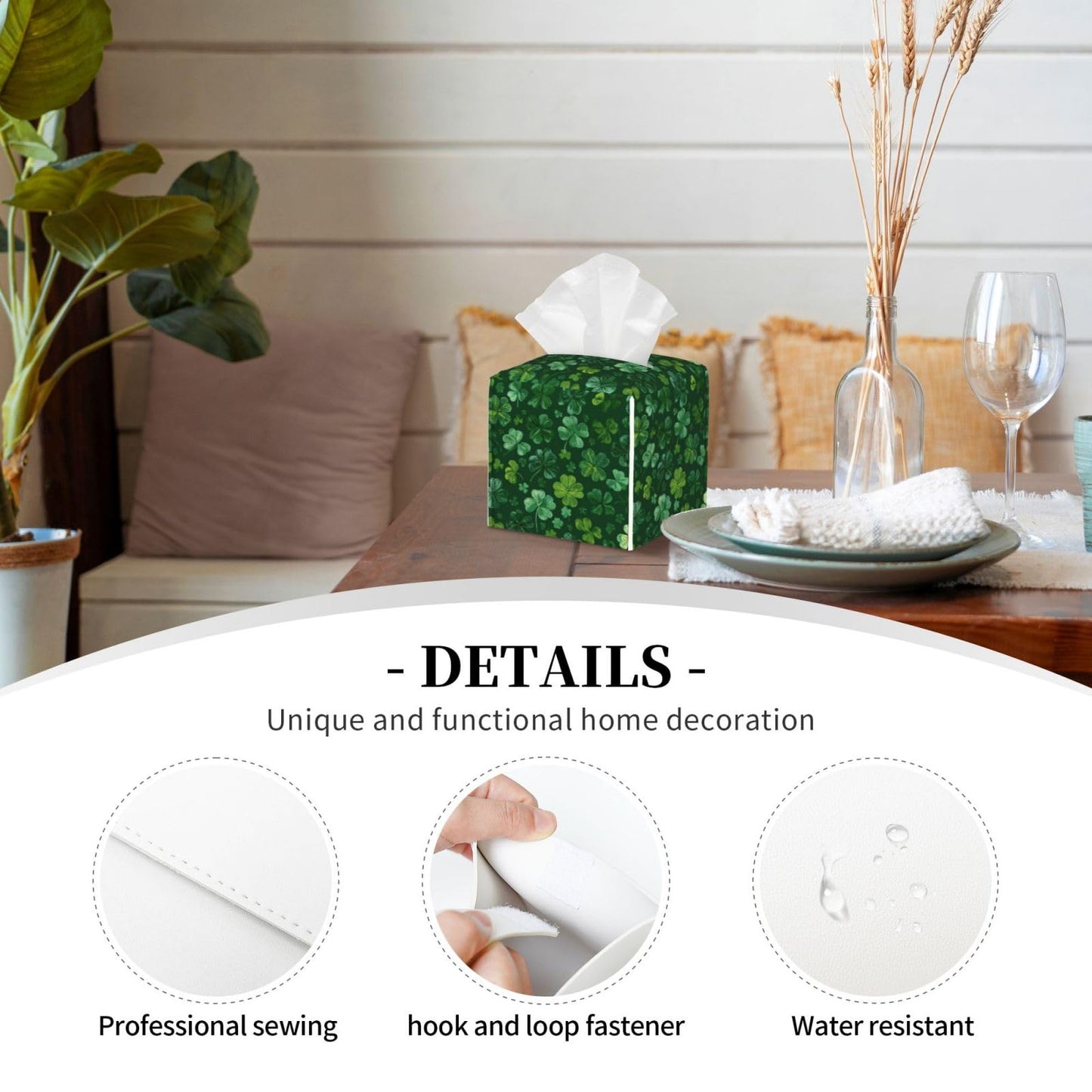 Green Clover Tissue Box Cover Square, Waterproof Leather Tissue Box Holder Portable Dispenser Modern Home Decoration for Bathroom Car Nightstand Vanity