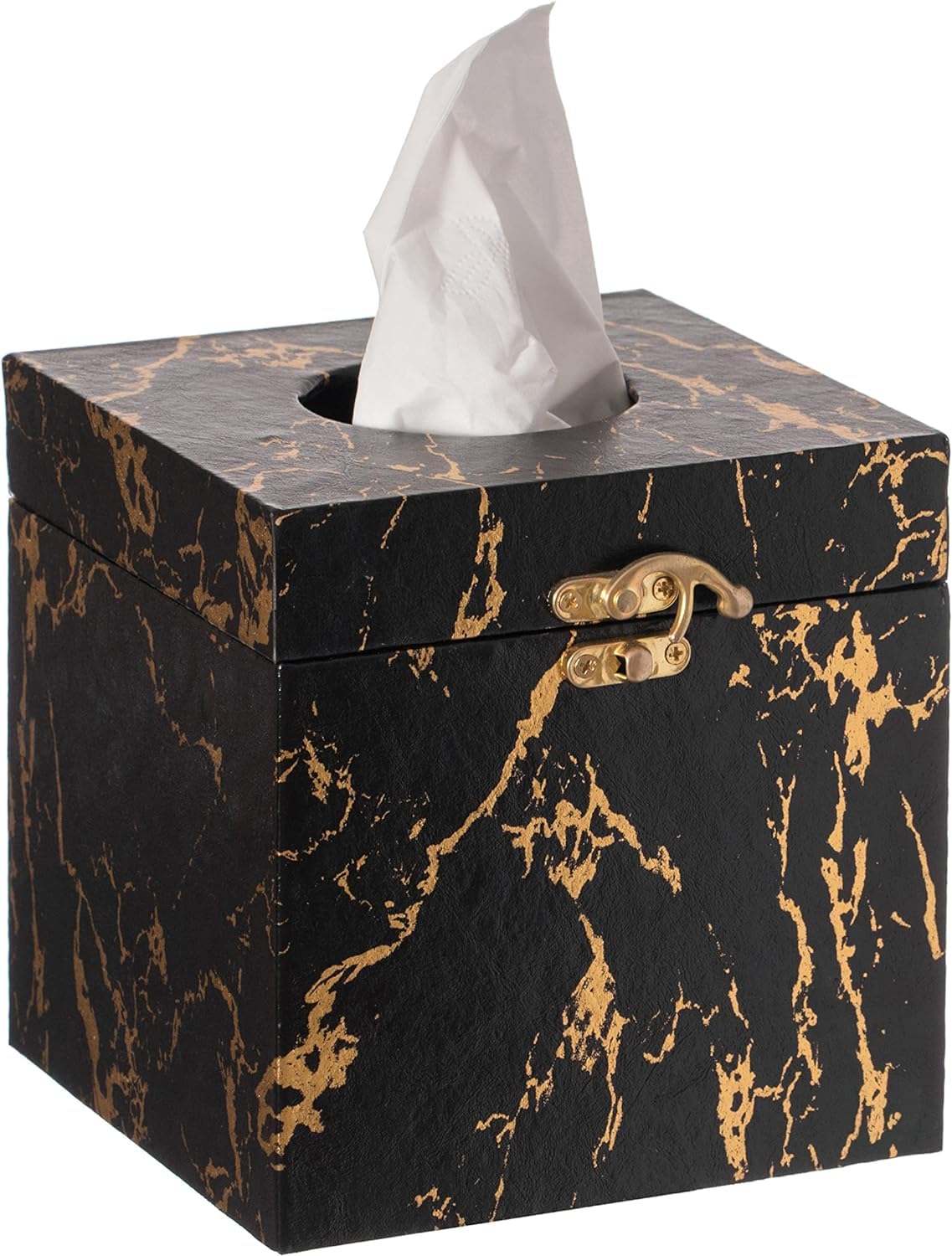 UPPER DECOR Black and Gold Marble Tissue Box Cover for Kleenex Box, Modern Elegant Tissue Box Holder with Lock for Bathroom, Bedroom, and Living Room, Square Shape Toilet Tissue Holder Organizer