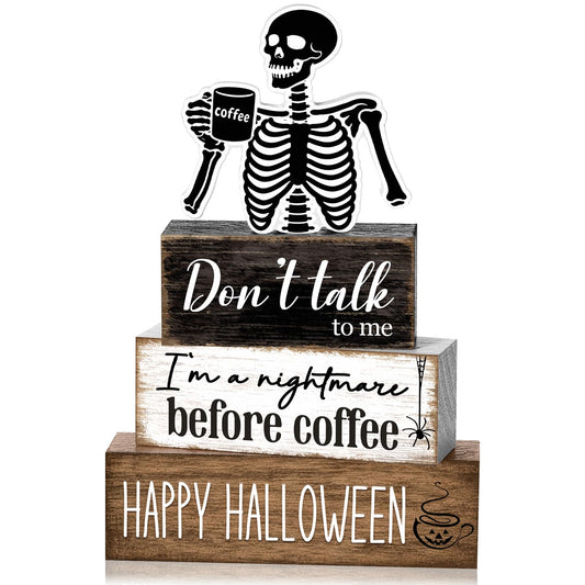 Marsui 4 Pcs Halloween Coffee Bar Decorations Skeleton Nightmare Before Coffee Tabletop Decor Funny Gothic Wooden Sign Block Halloween Table Centerpiece for Home Indoor Office Shelf Tiered Tray Decor