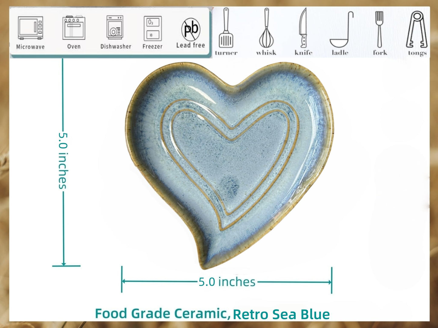 Ceramic Spoon Rest for Stove Top, Heart Cute Spoon Rest for Kitchen Counter, Cooking Spoon Holder for Kitchen Counter, Utensil Rest Spatula Rest Ladle Holder Tong Rest (Retro Ocean Blue)