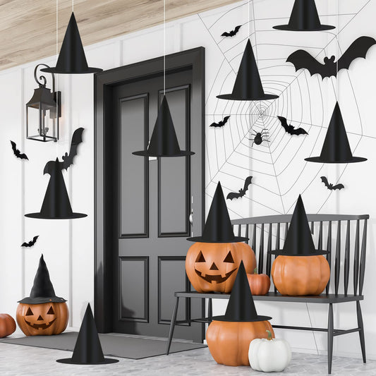 Whaline 14pcs Halloween Black Witch Hats Costume Accessory Decorations, Thickened Hanging Wizard Hats Bulk with Hanging Rope for Floating Porch Indoor Outdoor Decor Party Supplies
