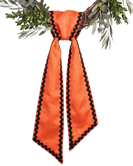 Kutyndrix Orange Wreath Sash for Front Door, Satin Ribbon Scarf with Black RIC Rac Trim, Halloween Fall Autumn Thanksgiving Harvest Decor, Porch Mantel Indoor Outdoor, 4.5 x 56 Inch