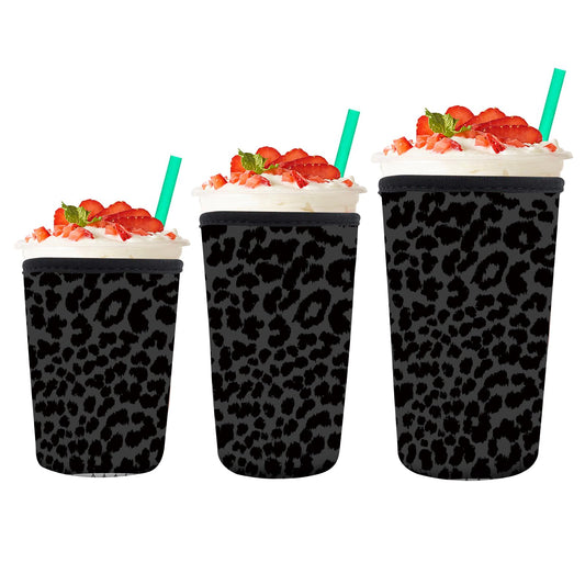 AMZXCFGL 3 Pack Reusable Neoprene Insulator Sleeve for Iced Coffee Cups, Cute Funny Coffee Cup Sleeve, Universal Fit 16-32oz Cups for Hot Cold Beverages Cute Black Leopard