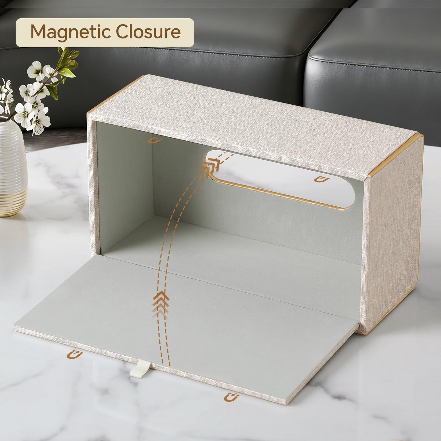 JLAMBOM Linen Tissue Box Cover Rectangle, 4 Sizes PU Leather Tissue Box Cover with Bottom, Decorative Tissue Holder for Bathroom Nightstand Car Office (Medium – Fits Tissue Boxes Up to 3.4" Tall)