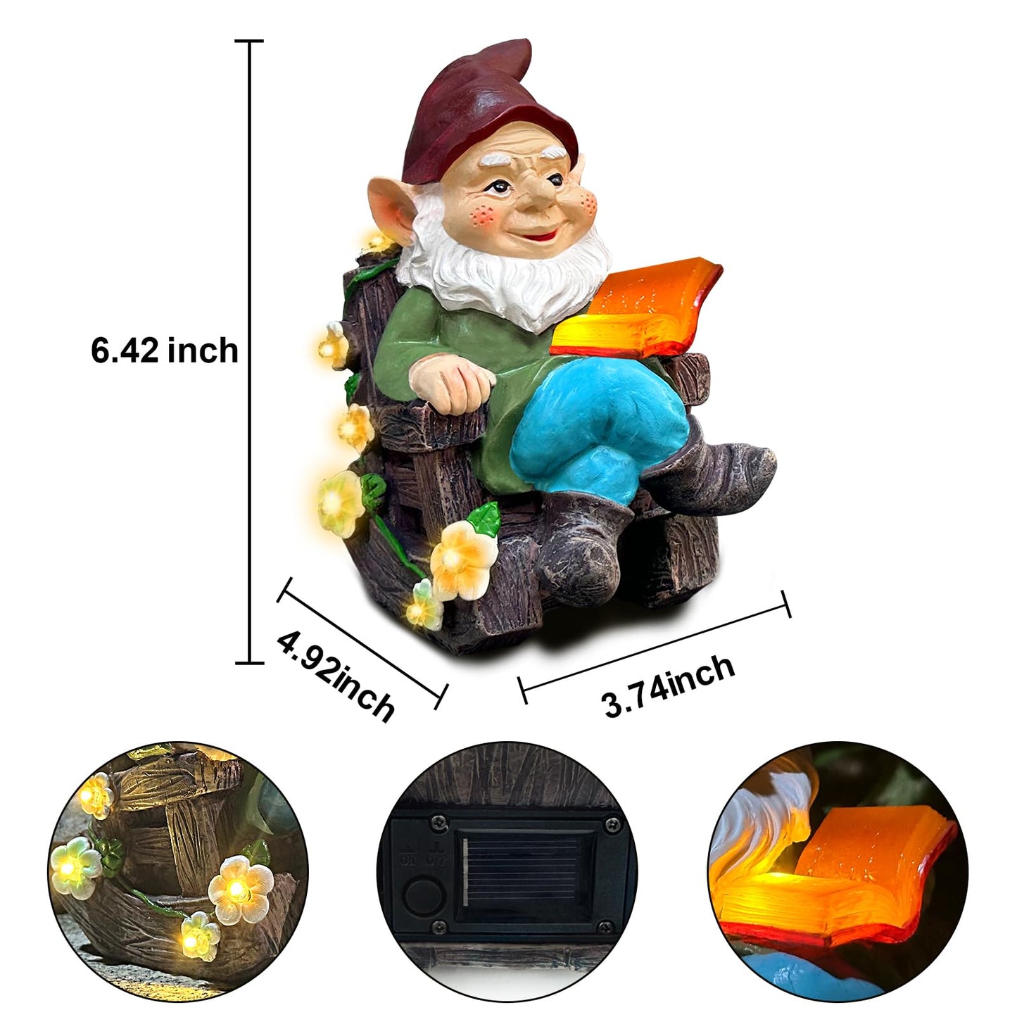 Solar Garden Gnome Statues Outdoor, Fairy Rocking Chair Gnomes Reading Book Succulents Figurines Lights Yard Art Sculpture Home Decor for Outside Patio Balcony Lawn, Unique Loved One Gifts for Mom