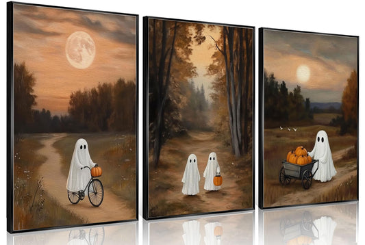 Vintage Halloween Ghost Wall Art Prints Set of 3 Cute Ghost Pumpkin Autumn Wall Decor Pictures Halloween Fall Country Cottage Posters for Living Room Bedroom Home Decoration (24L x 16W poster)