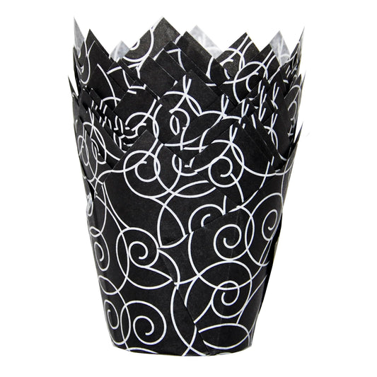 QLSmypkg Muffin Greaseproof paper Baking cupcake cups, 2"(Bottom diameter) x 3-1/2"(Height) Black Fancy Floral Print Tulip Baking Cup Case of 125 pcs (125, Standard)