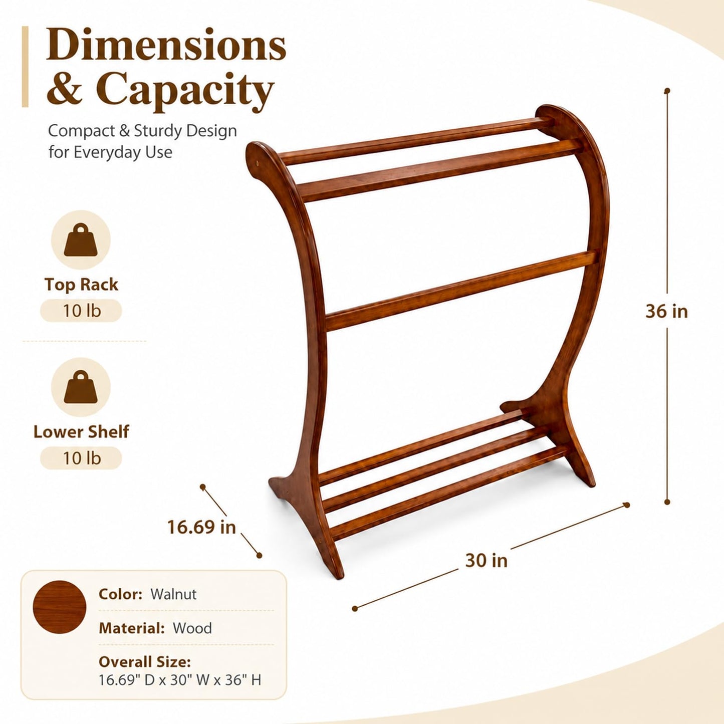 Leinuosen Wood Quilt Rack with 3 Rungs, Free Standing Blanket Holder for Living Room Bedroom Bathroom, 16.69" D x 30" W x 36" H, Retro Curved Ladder Design, Solid Wood, Antique Walnut Finish