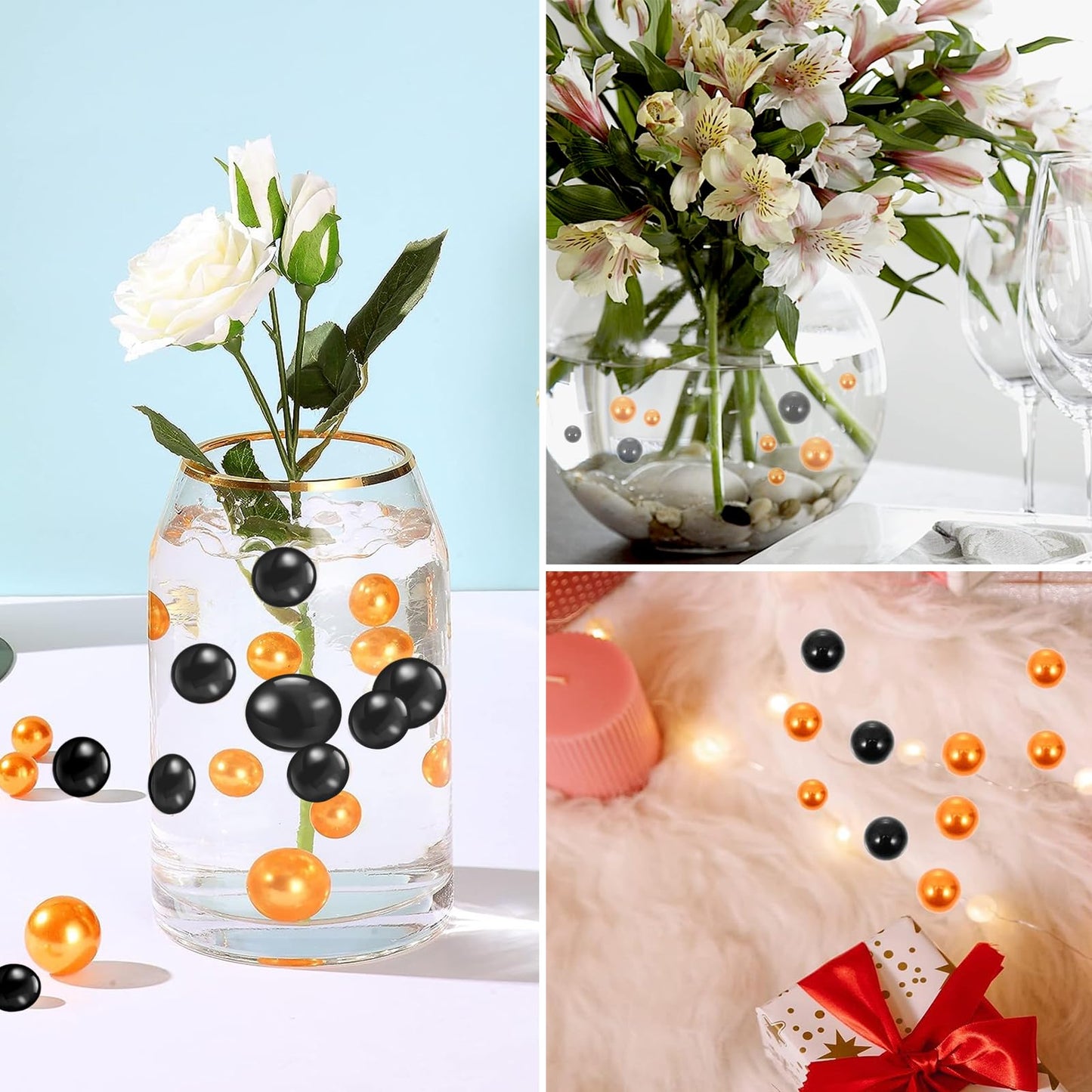Black Orange Halloween Vase Filler | 150PCS Pearls Bead for Centerpieces Vases | 8/14/20 mm No Hole Beads, Fake Pearls for Wedding Birthday Theme Party Table Centerpieces Decor