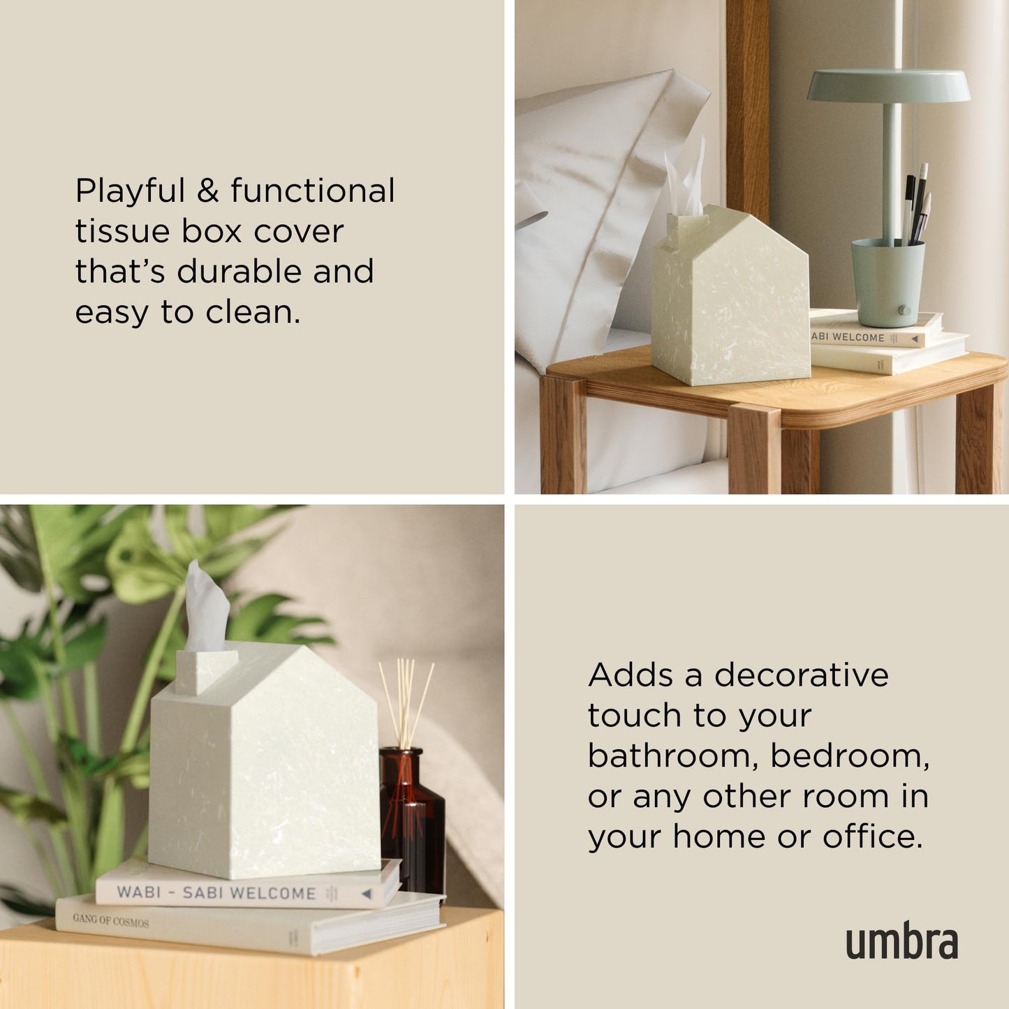 Umbra Casa Tissue Box Cover â€“ Modern House-Shaped Tissue Box Holder for Standard Square Boutique Tissue Boxes,Ocean Materials® Plastic, Bathroom & Home Décor, Ocean Sand