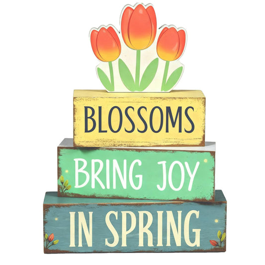 Spring Decoration Wooden Tiered Tray Decor – Tulip Blossoms Spring Stacked Block Sign with Floral Accent – Farmhouse Tabletop Spring Decor for Shelf Mantel Seasonal Home Display