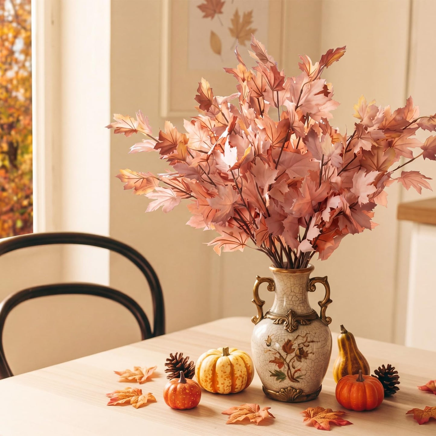 Suncalla 12 Pcs Fall Artificial Maple Leaves Stems, 37 Inch Neutral Fake Autumn Maple Foliage Branch for Thanksgiving Table Centerpiece, Boho Halloween Farmhouse Vase Filler(Dusty Blush Pink)