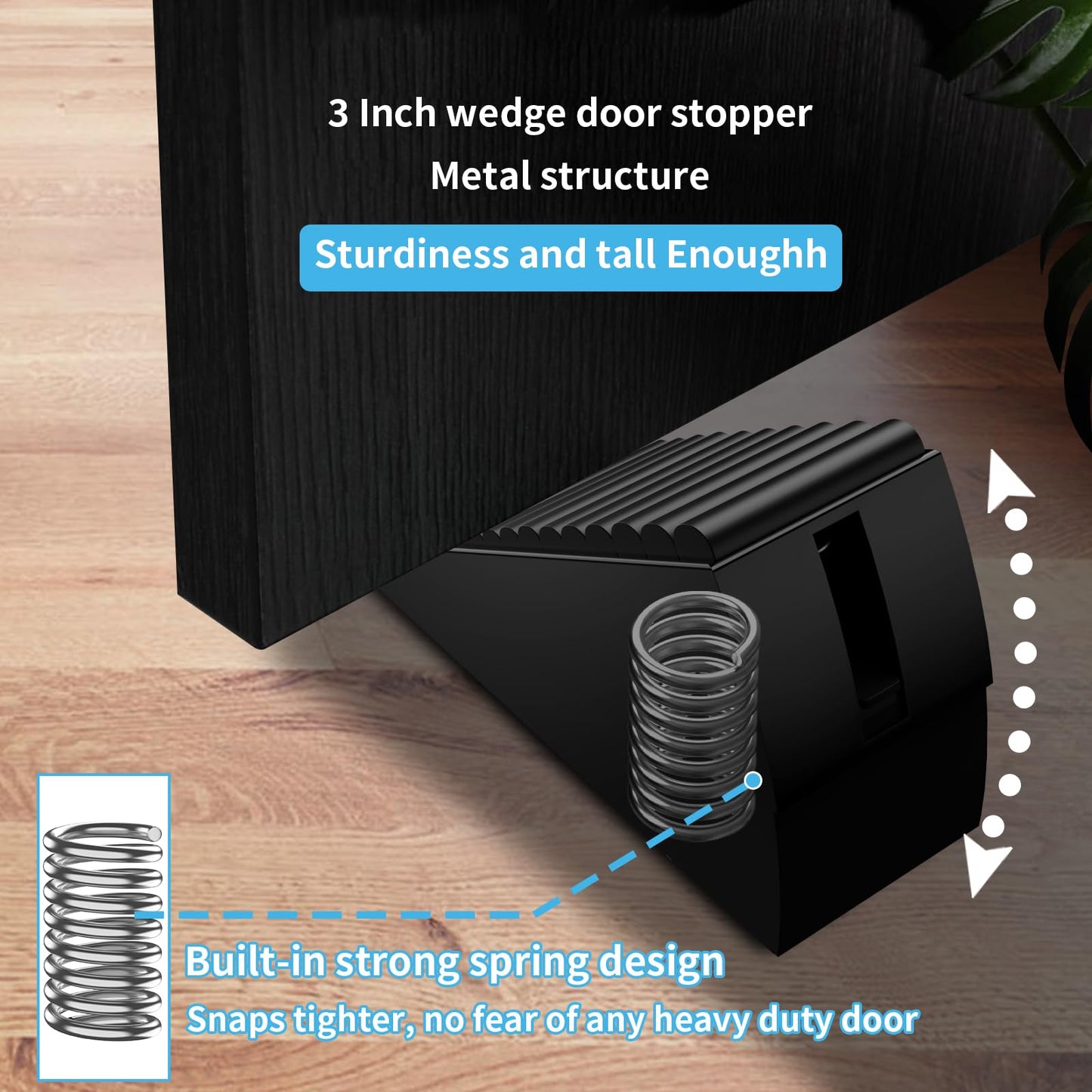 AIMAXINKE Door Stoppers for Bottom of Door- Large Spring Heavy Duty Door Stop Wedge, 3'' High Adjustable Metal Tall Doorstop, Strongest Rubber Grip, Suits Carpet, Tile, Home, School +2 Wall Protectors