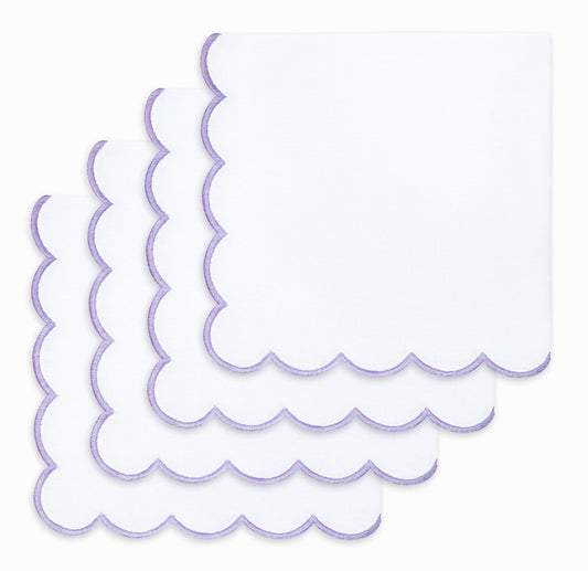 PurpleEssences Scalloped Embroidery Cloth Napkins - Spring Easter Summer - Table Decor - 100% Cotton - Set of 4-18x18 inch (White(Edges- Lavender), 18 x 18 Inch)