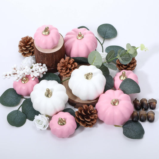 Artificial Pumpkin Eucalyptus Leaves Fall Decor, 56 PCS Fall Harvest Decorations for Halloween Thanksgiving with Pumpkins Acorns Pinecones Berries Leaves for Farmhouse Table Tiered Tray(White,Pink)