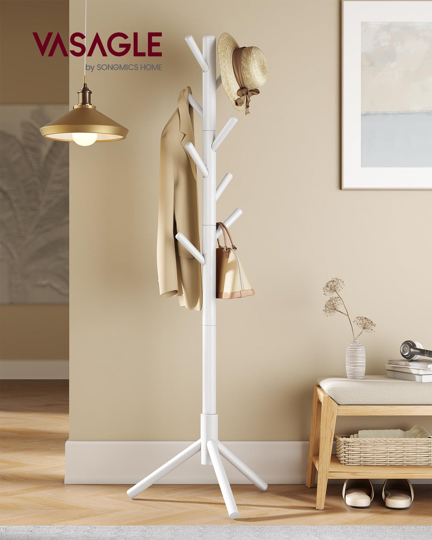 VASAGLE Solid Wood Coat Rack, Free Standing Tree-Shaped Coat Rack with 8 Hooks, 3 Height Options, for Clothes, Hats, Bags, Living Room, Bedroom, Home Office, White URCR04WT