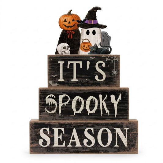 Moucuny 4 Pcs Halloween Table Decoration Pumpkin Ghost Wooden Stacked Block Decor, "It's Spooky Season" Centerpiece Signs, Rustic Gothic Halloween Tiered Tray Decoration for Home Office Kitchen Shelf