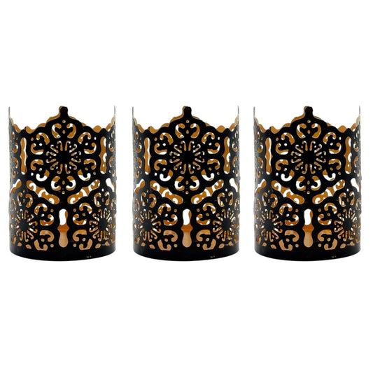 Hosley Set of 3 Black Metal Candle Holders 4 Inch High - Lattice Cut Lanterns for Table Centerpiece, Wedding, Home Decor, Indoor Outdoor