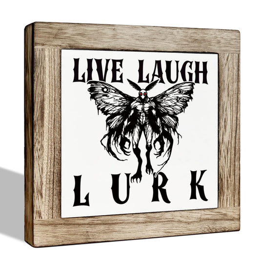 Halloween Wooden Sign, Mothman Square Wood Block Sign Table Decor, Horror Style Office Desk Signs, Rustic Wooden Table Top Decor, Freestanding Home Decoration 5.9x5.9 Inches