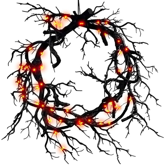 Halloween Black Branch Wreath Signs for Front Door with Red Lights,Handcrafted Halloween Horror Wreath for Indoor Outdoor Party Window Wall Decor Farmhouse Garland Yard